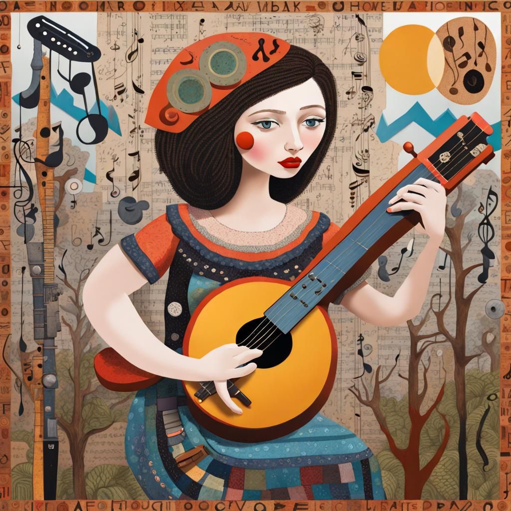 Girl Playing Banjo in Visionary Folk Art Style