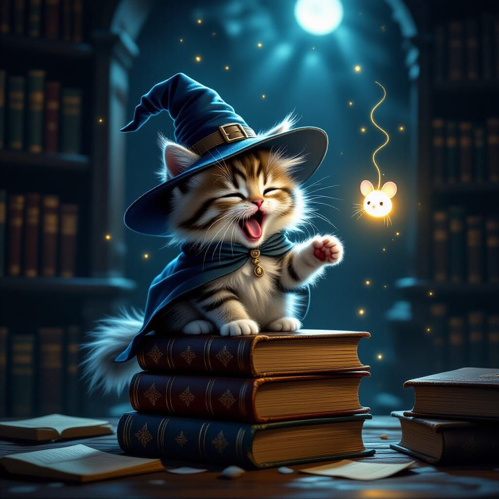 Cute Kitten Wizard Hat on Books in Dark Fantasy Library