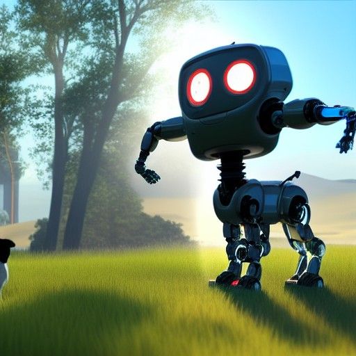 Futuristic Robot Petting Dog in Sci-Fi Sunshine