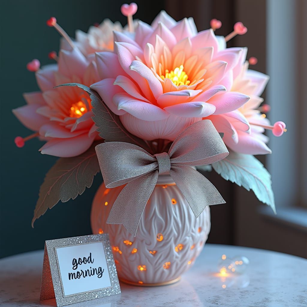 Iridescent Flower Arrangement with Silver Bow, Hyper-Realist...