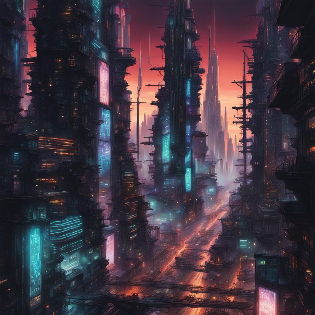 Futuristic Dystopian Cityscape: Synchronized Chaos