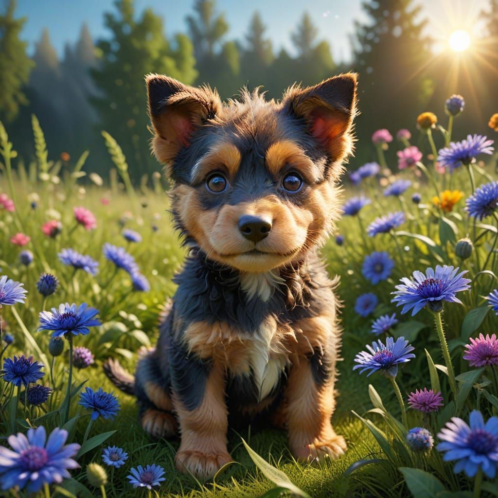 Vibrant Pixar-Style Cornflower Puppy in a Lush Meadow