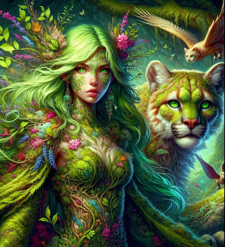 Moss-Covered Dryad and Winged Cougar Cub
