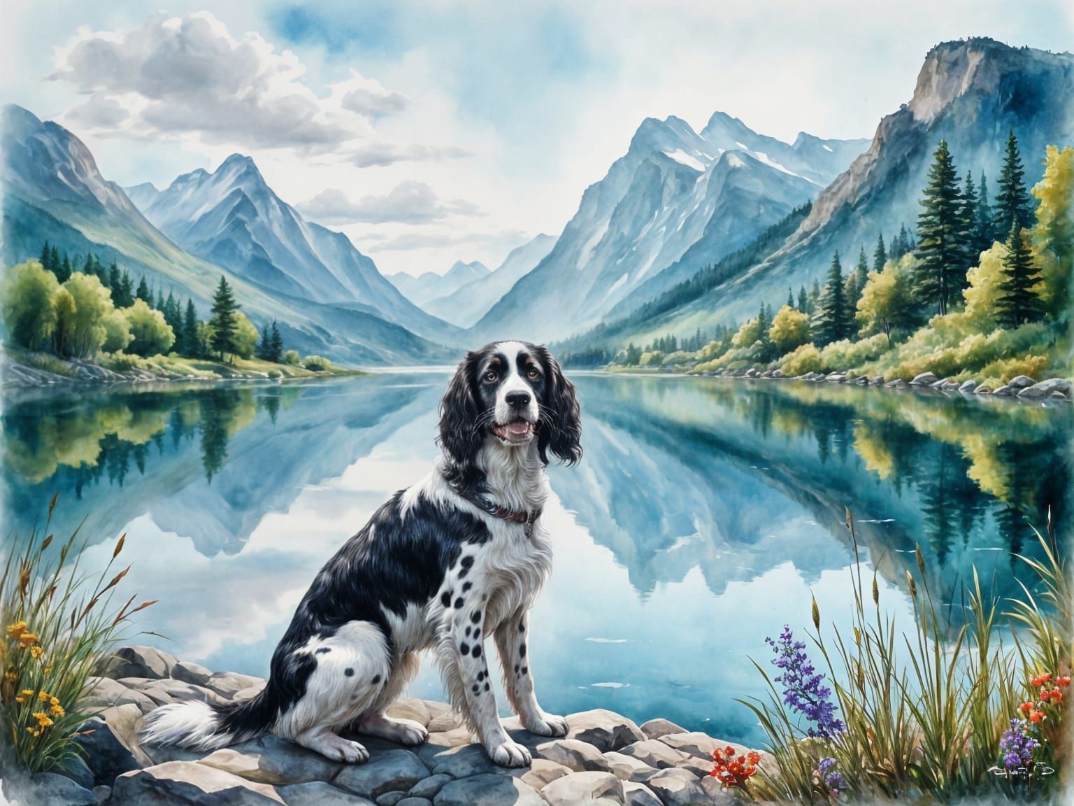 Gentle Old Springer Spaniel in Watercolor Impressionism