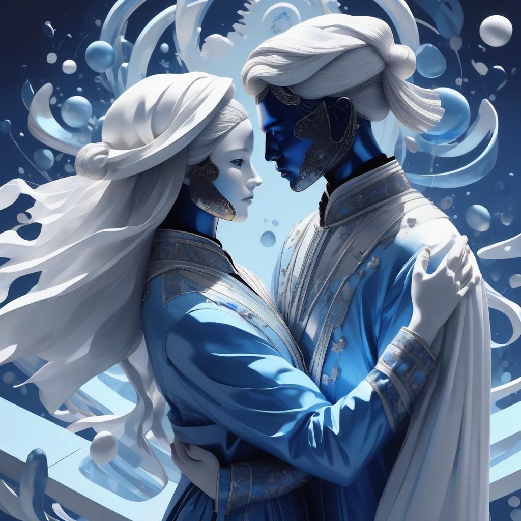 Figures in White Standing Before Blue Object