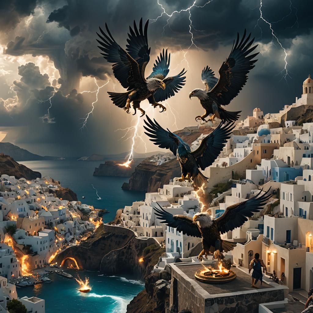 Harpies Battle Zeus Over Santorini in Albert Bierstadt Style