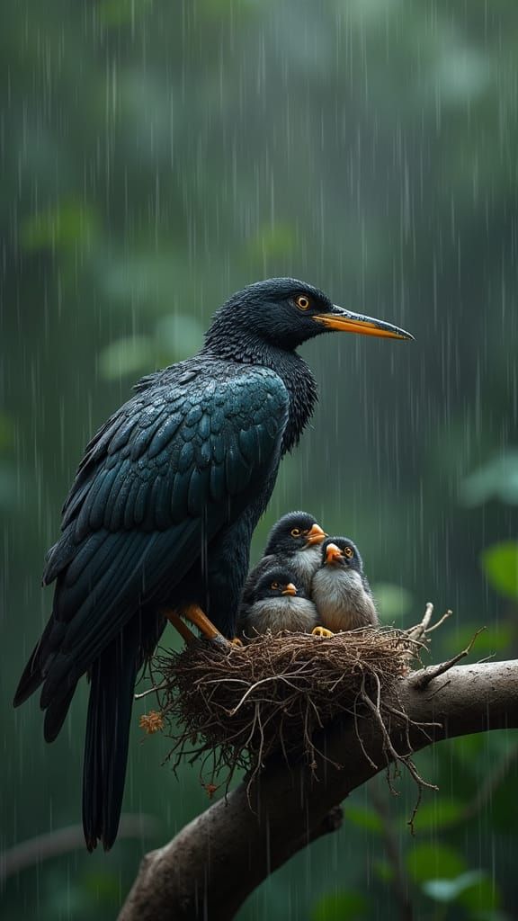 Mother Bird Shields Her Chicks from the Rain in a Dramatic D...