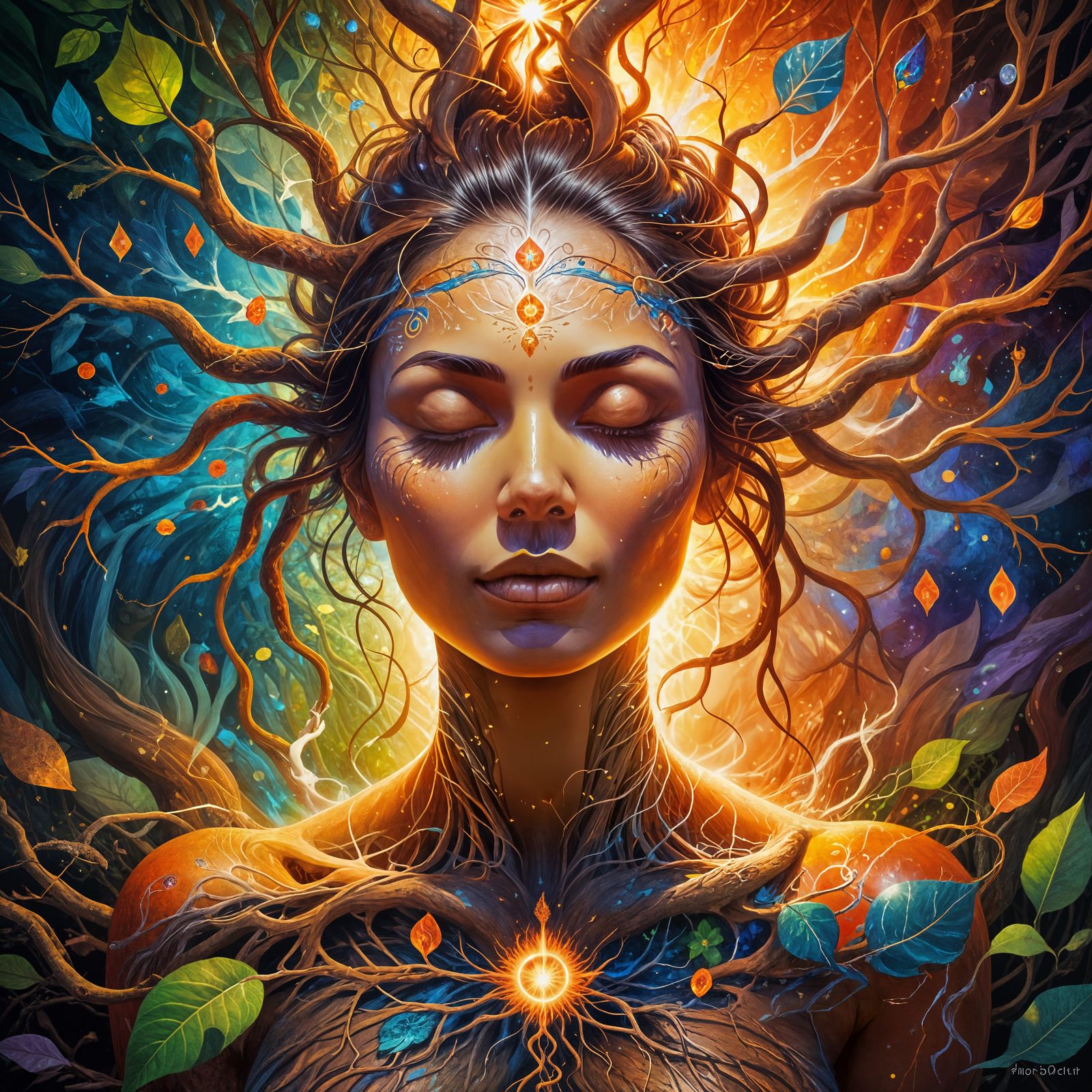 Woman Meditating with Chakra Energy and Tree Roots