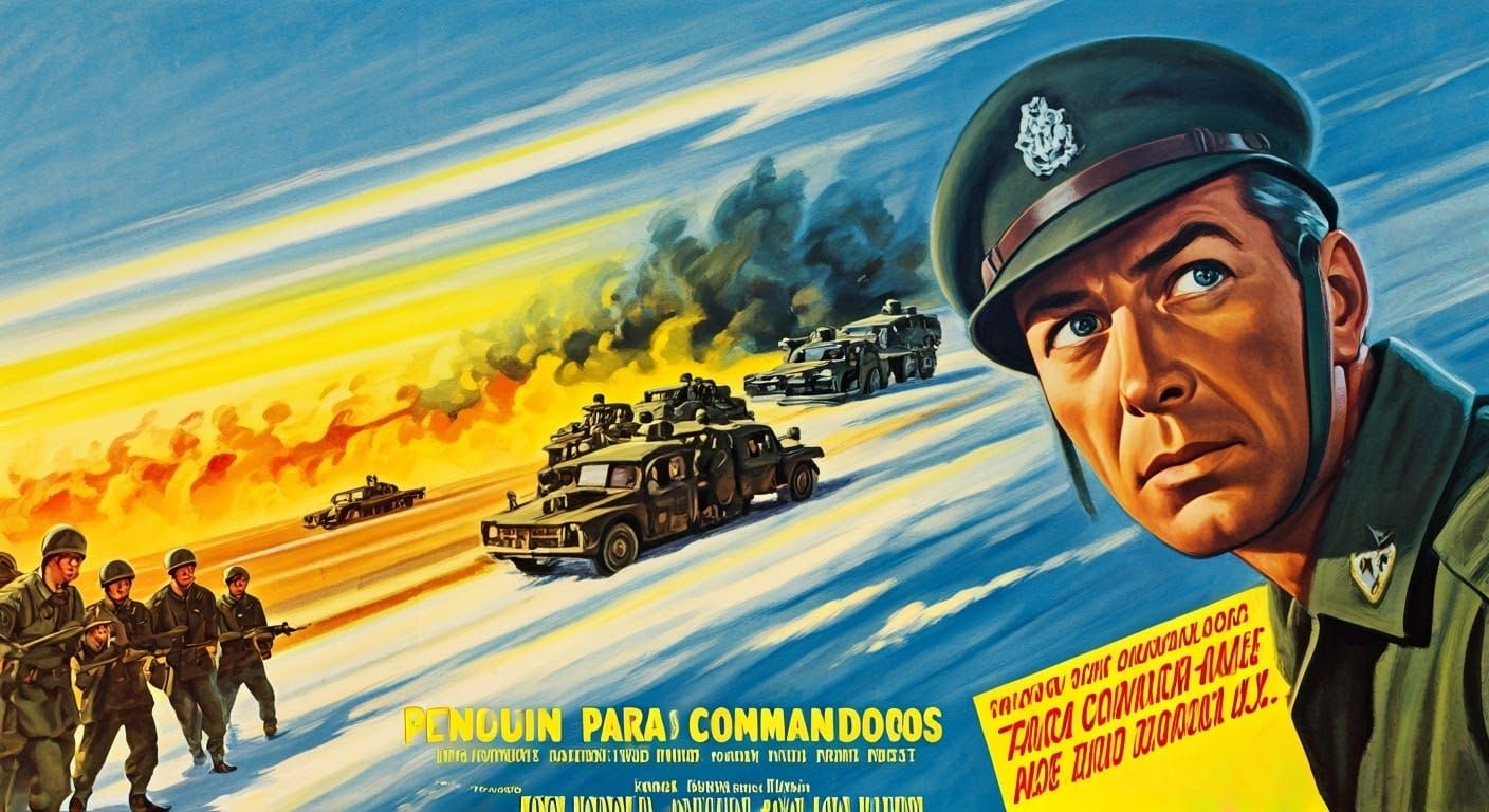 War Film Artwork: Penguin Commandos Invade US in Technicolor