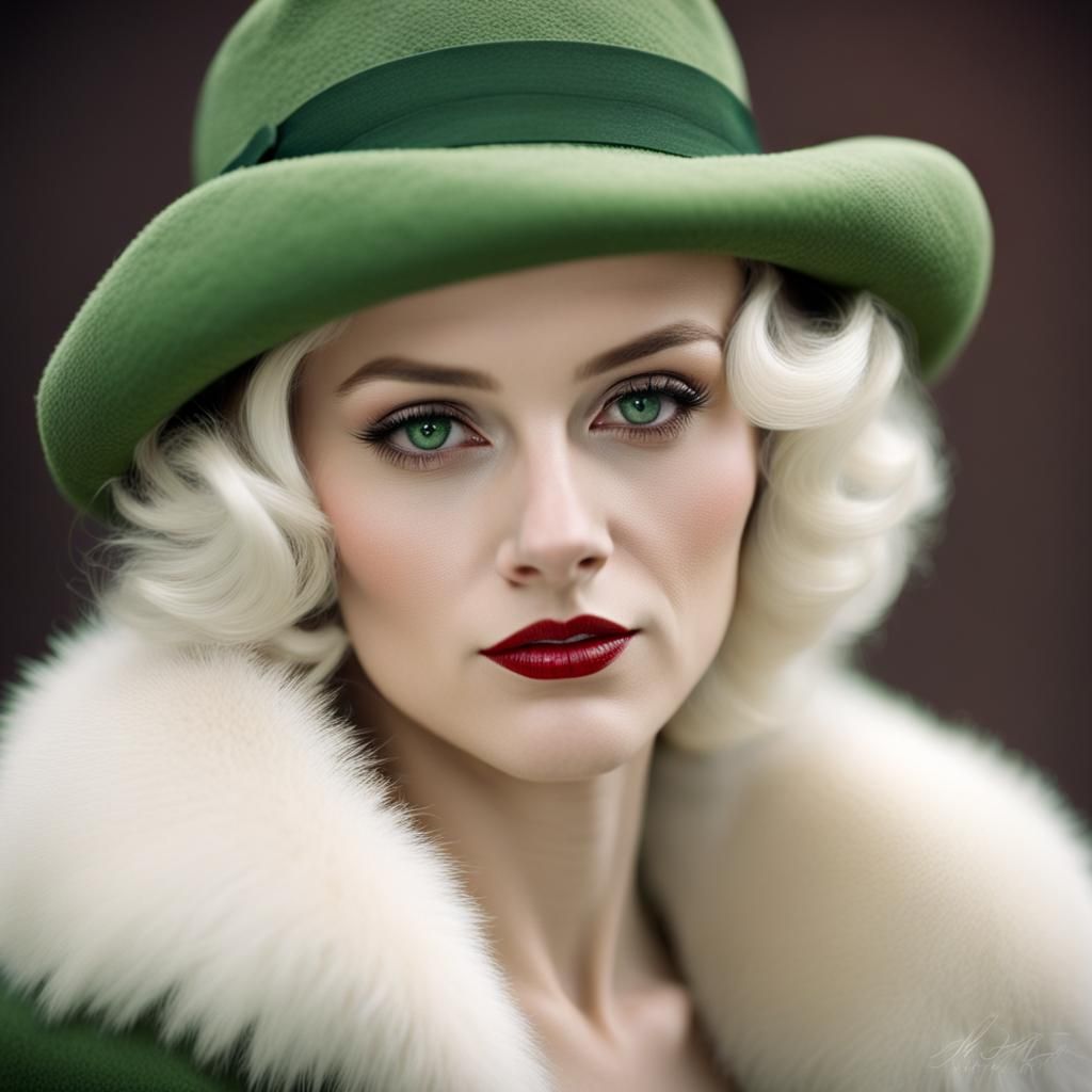 Elegant Woman with Green Eyes in 1940s Style