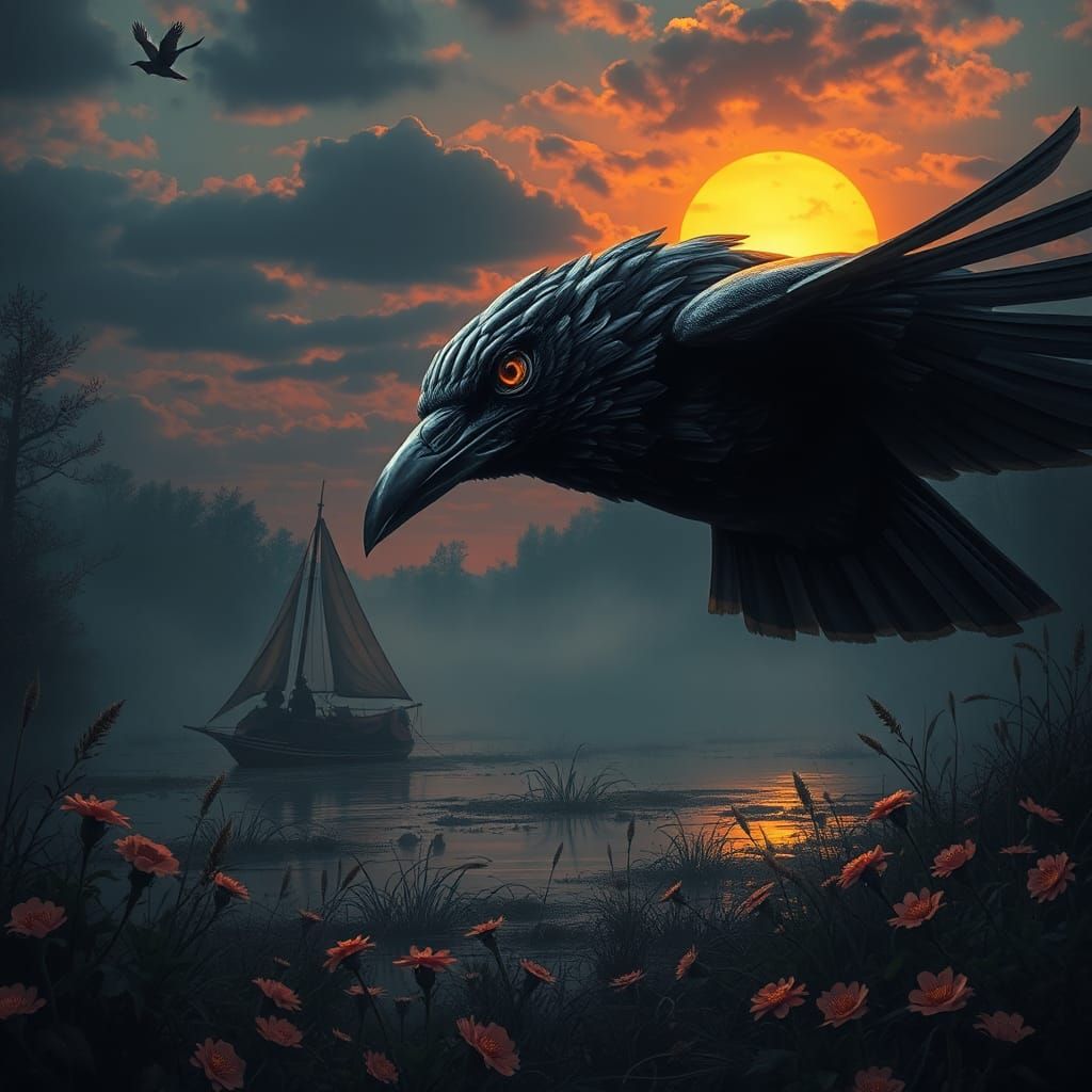 Raven in Swamp at Sunset: Color Print Art