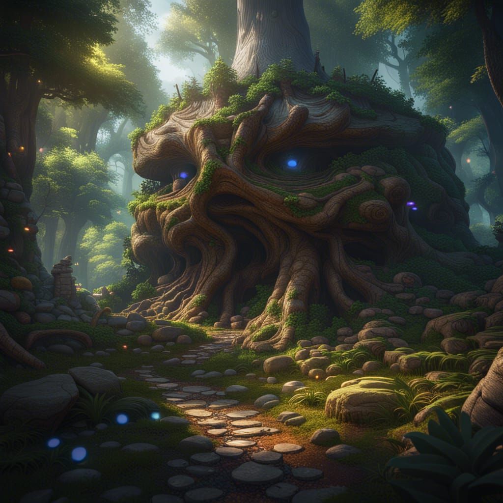 Surreal Forest of Living Faces: Fantasy Concept Art