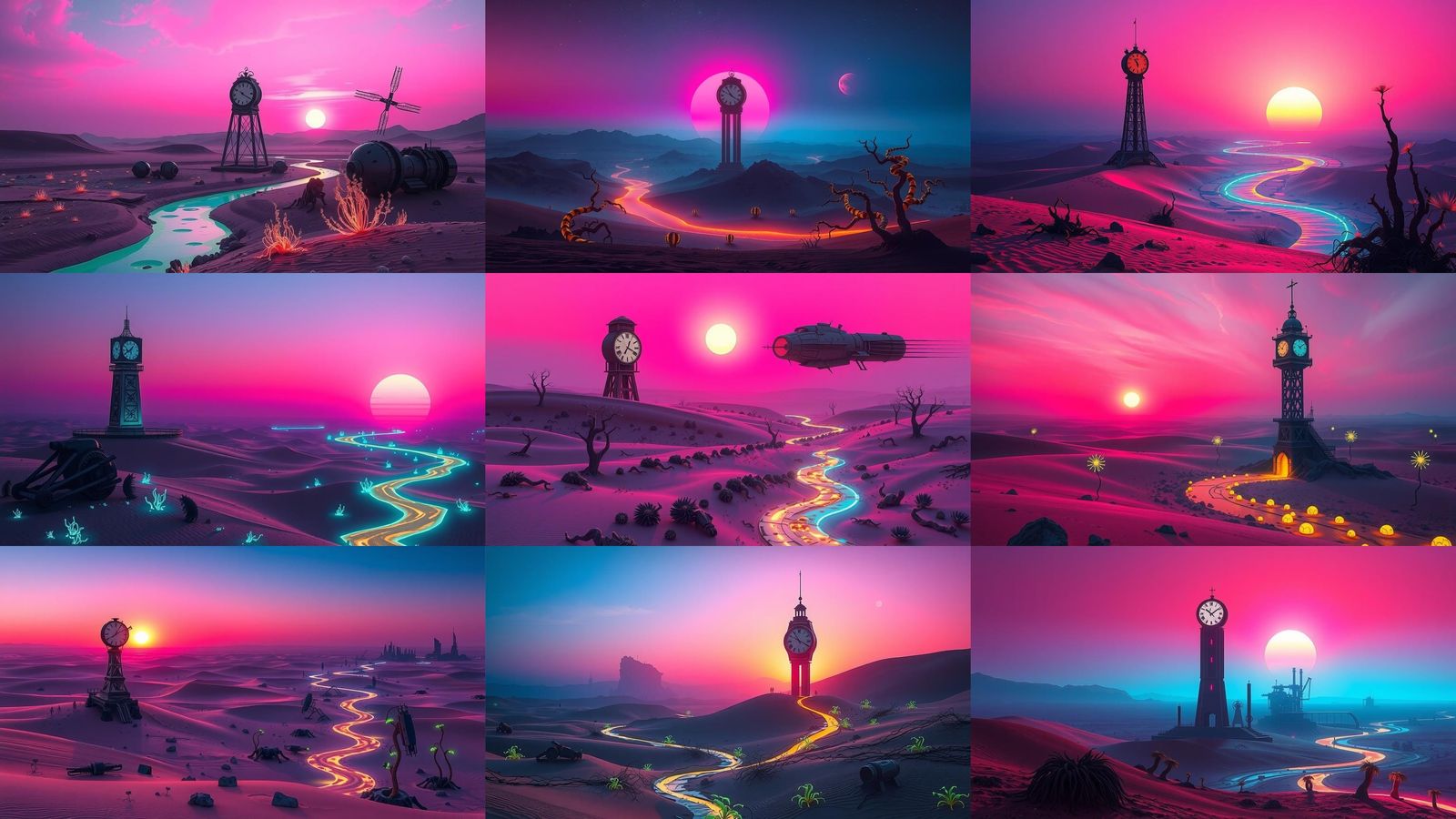 Surreal Desert Clock Tower at Neon Sunset