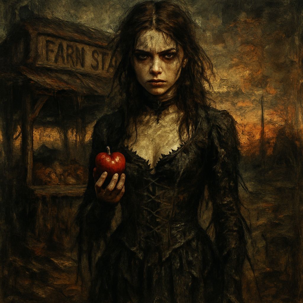 Gothic Woman with Apple at Apocalyptic Farmstand