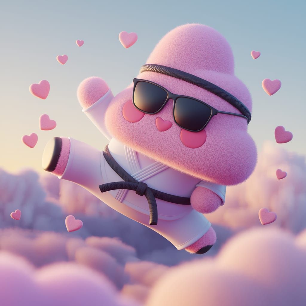 Cloud Practicing Karate in Sky, Anime-Inspired 3D Art