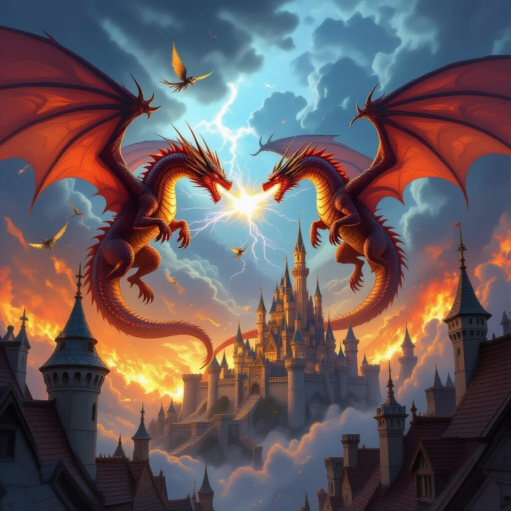 Epic Dragon Battle Over Castle, High-Fantasy Concept Art