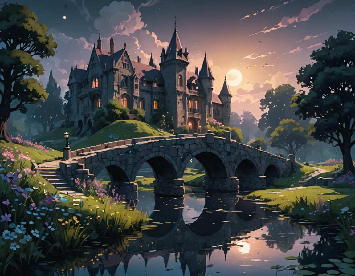 Gothic Medieval Bridge Reflected in Serene Floral Meadow at....