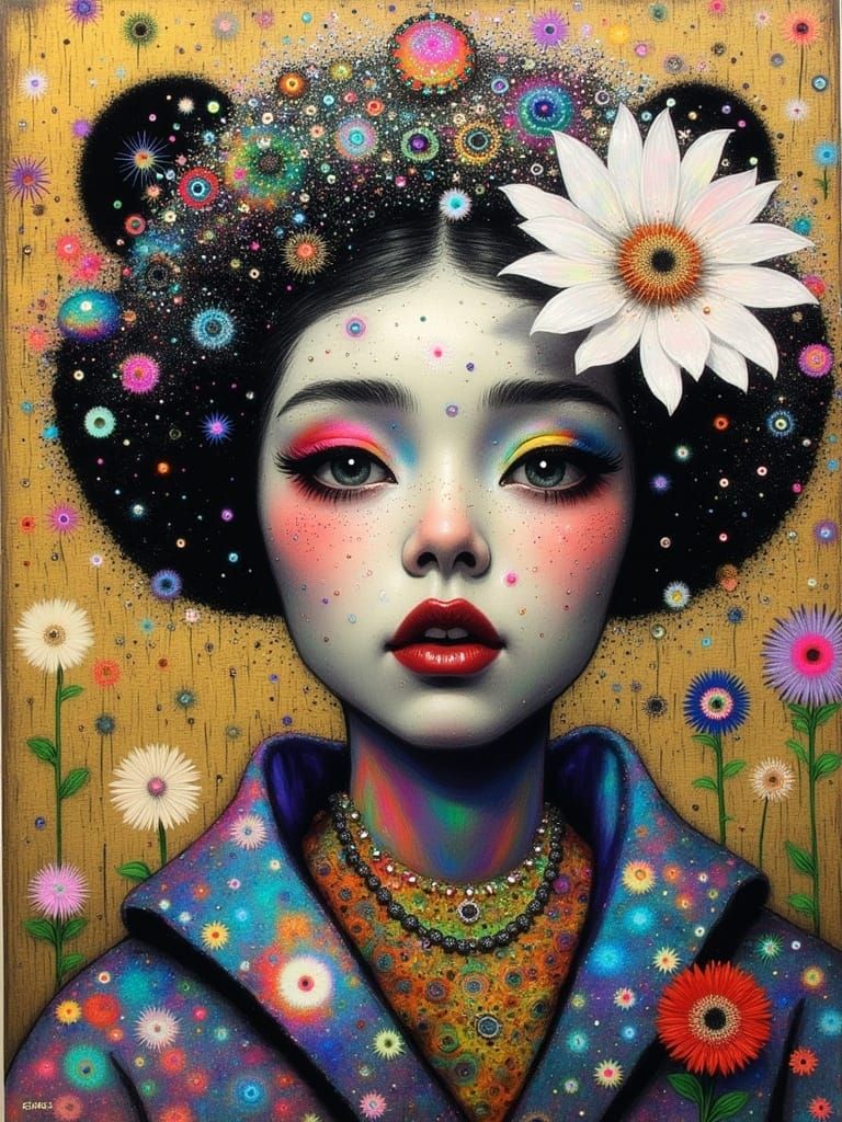 Geisha with Daisies Crown: Neo-Impressionist Portrait