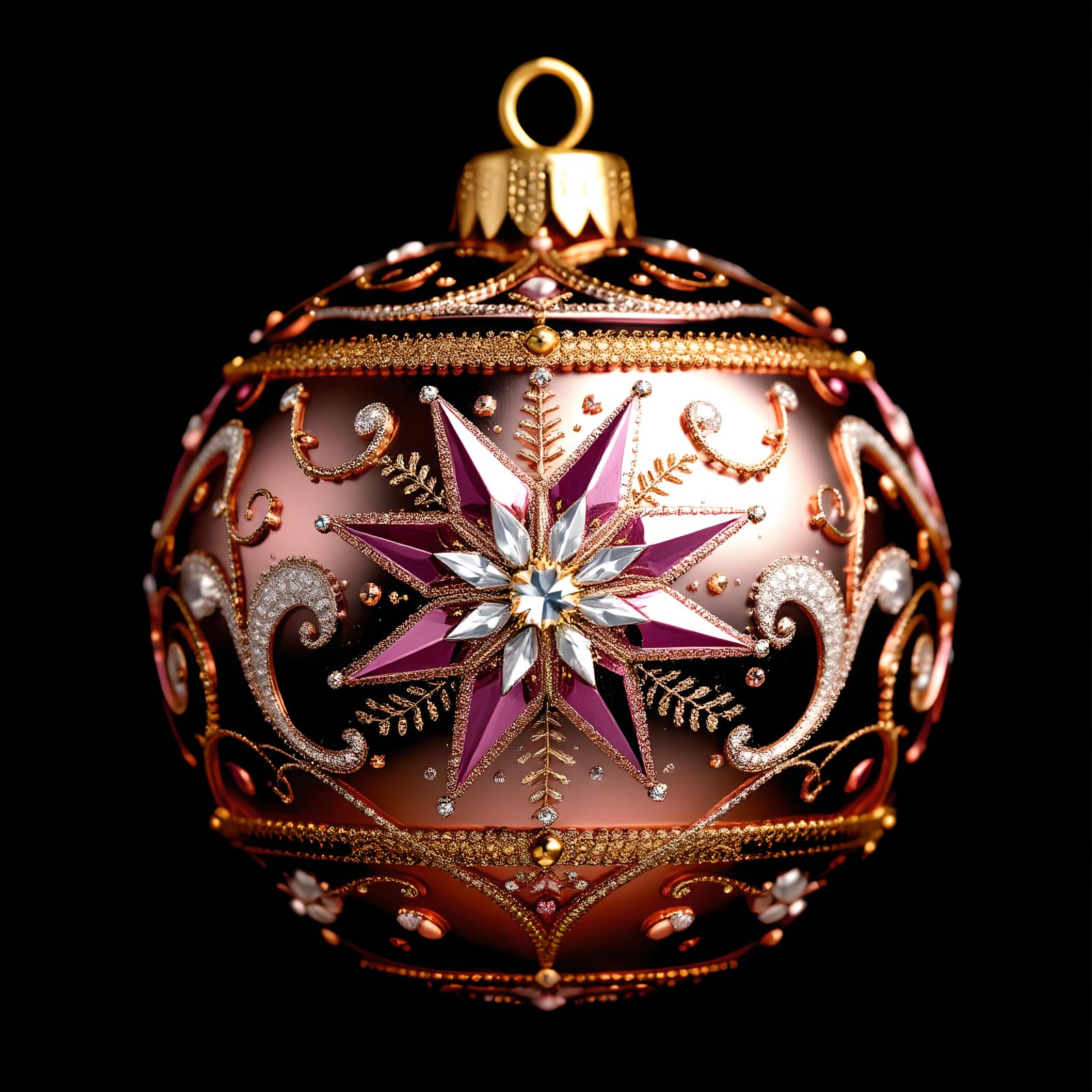 Ornate Rose Gold Christmas Ornament on Black