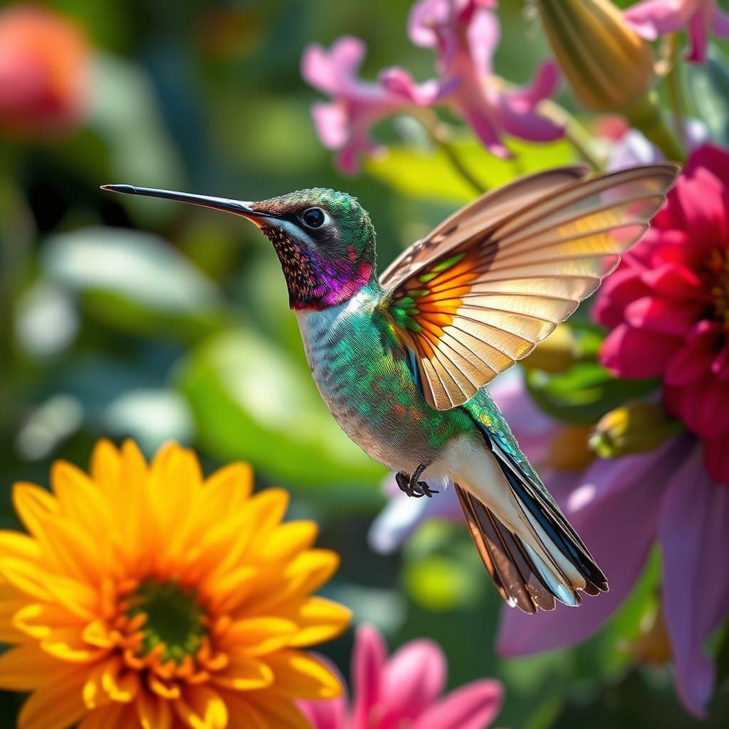 Vibrant Hummingbird Amidst Tropical Abundance