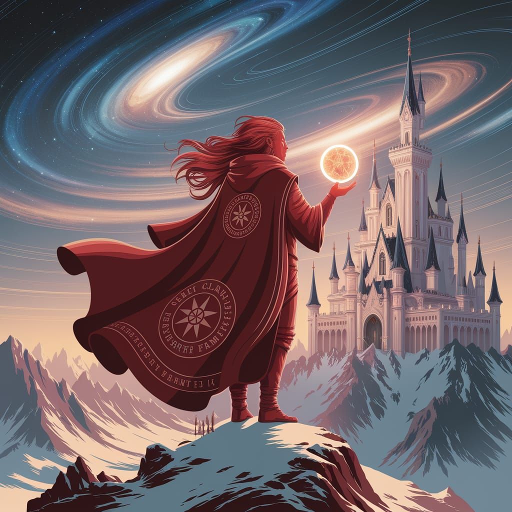 Red Figure on Snowy Peak with Galactic Castle