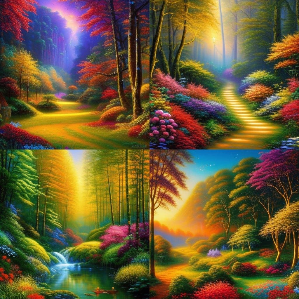 Sunlit Forest Trail: Surreal Oil Painting