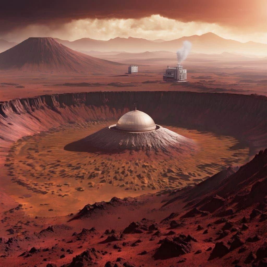 Mars Crater Landscape with Martian Mountain