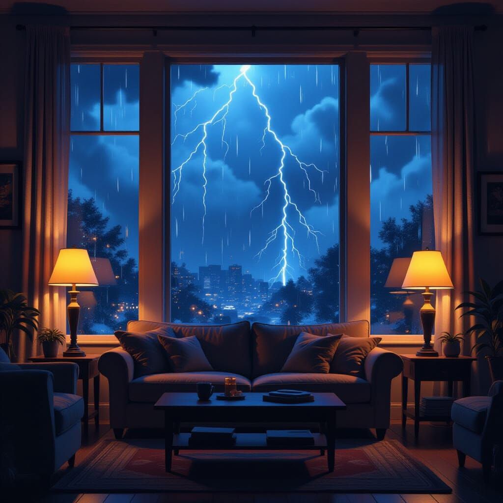Cozy Living Room in Cyberpunk Style During Storm