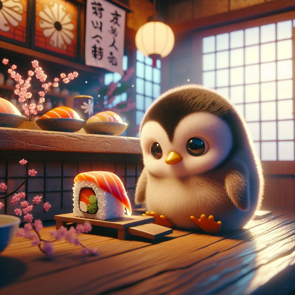 Whimsical Penguin at a Traditional Japanese Sushi Bar in Vib...