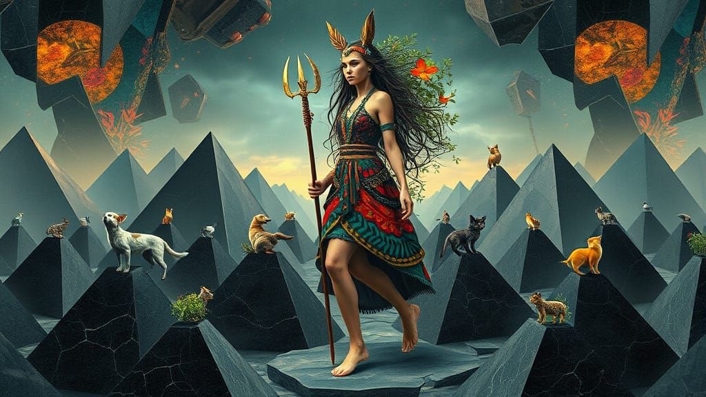 Mystical Woman Walking on Pyramids: Bio-Art Collage