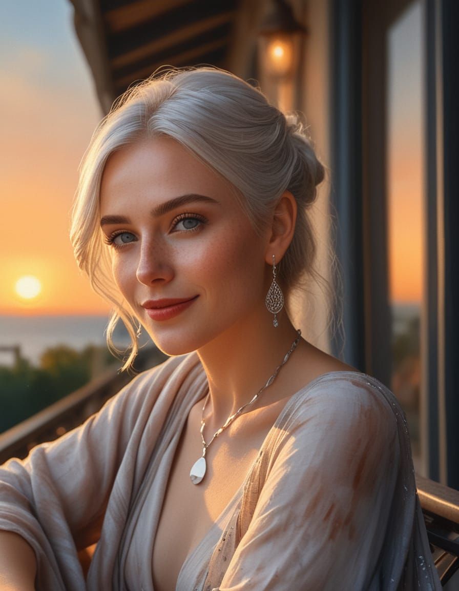 Impressionist Watercolor Elf Woman Watching Sunset