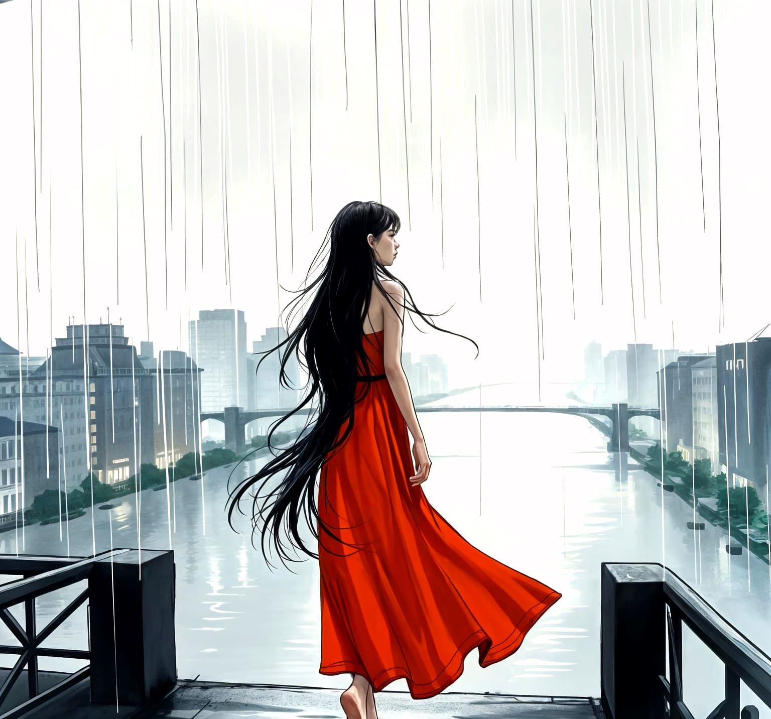 Rainy Bridge Scene in Watercolor Style