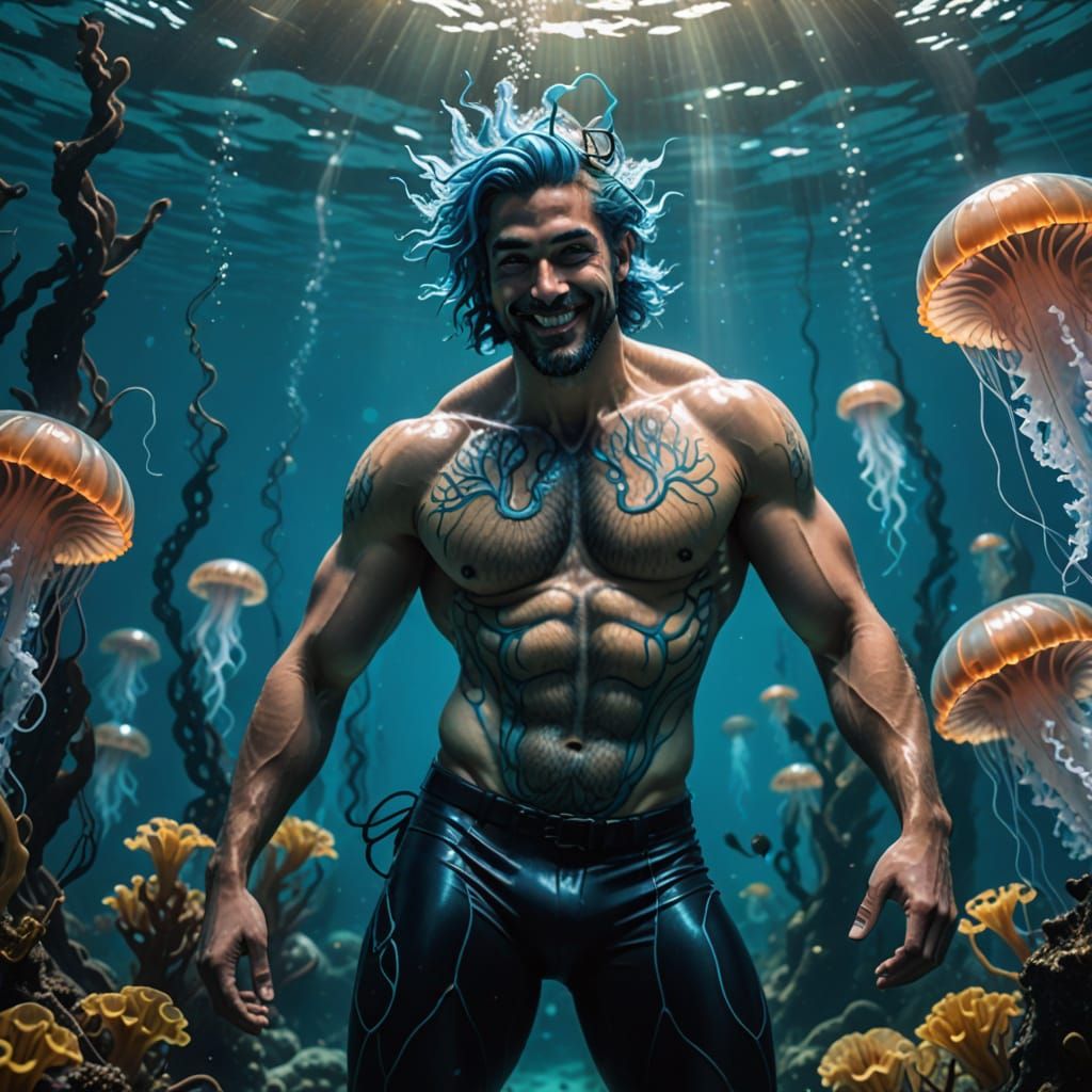 Merman in Kelp Forest with Jellyfish