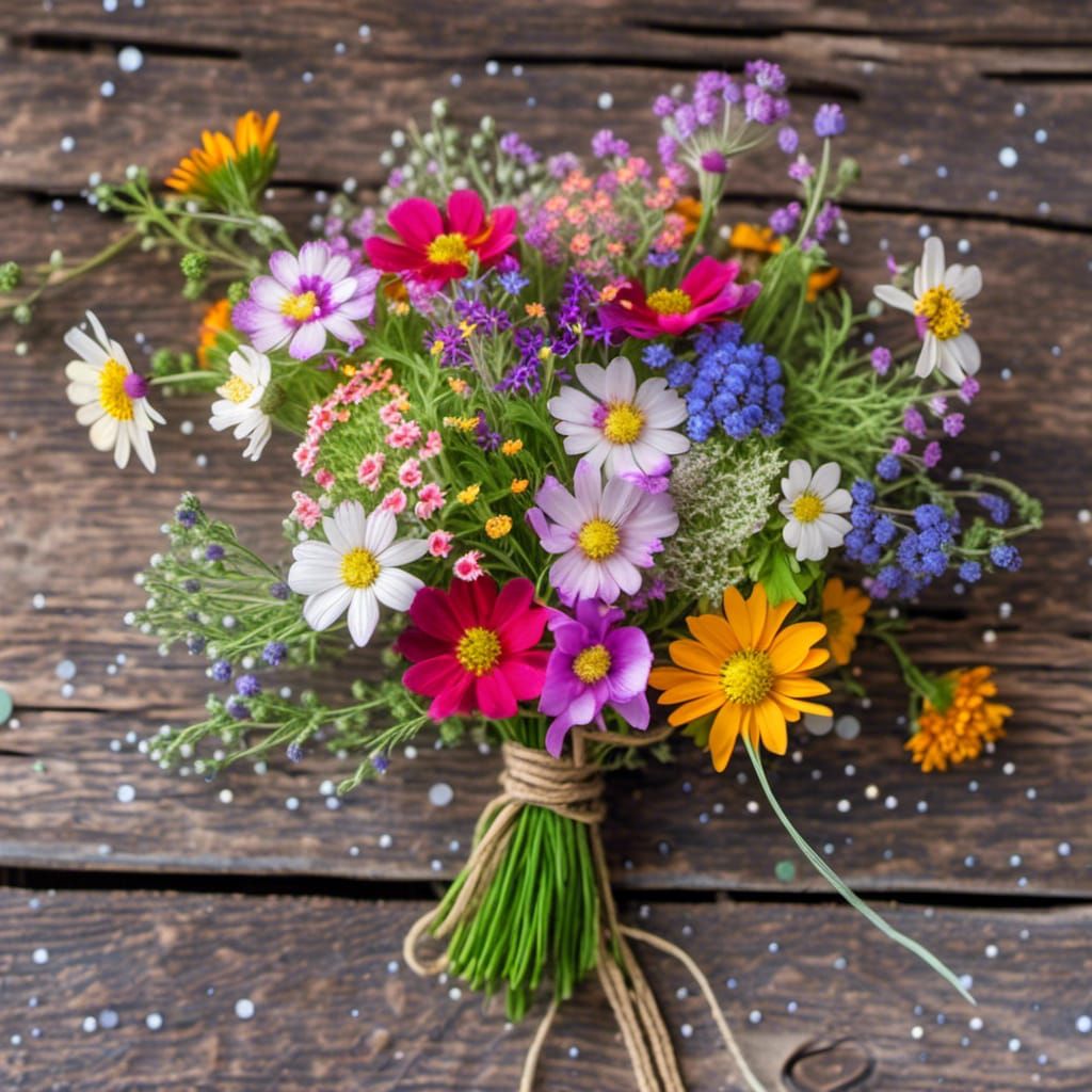 Sparkling Wildflower Bouquet on Wood Table