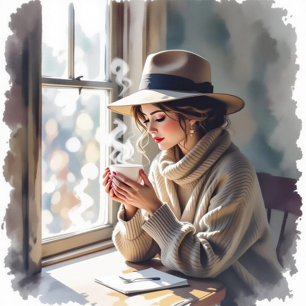 Woman in Vintage Hat with Coffee by Window