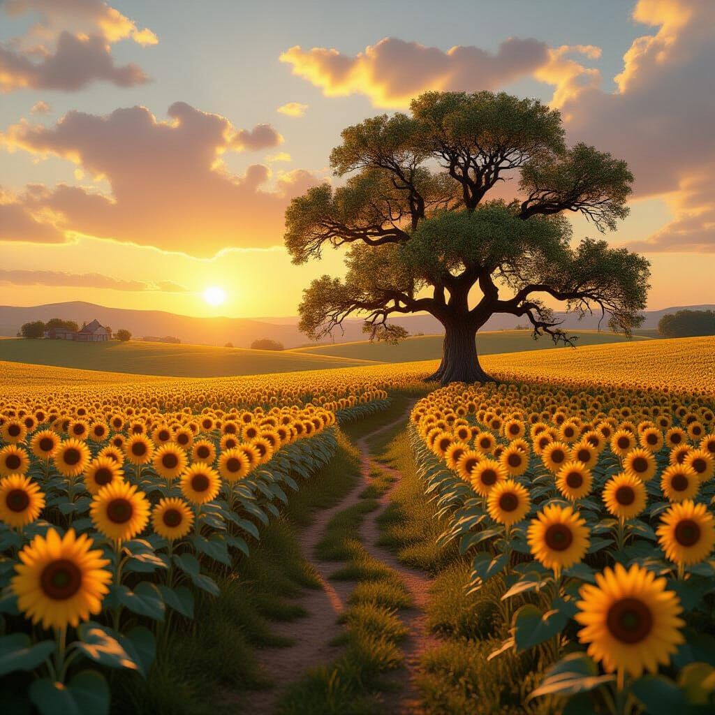 "A solitary, ancient oak tree, bathed in the golden hour's e...