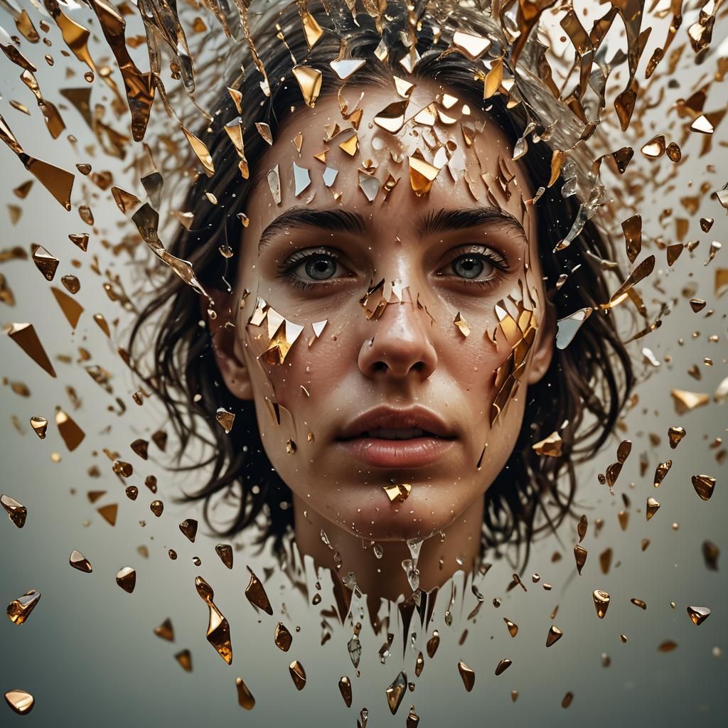 Shattered Face Reflected in Water: Surreal Digital Art