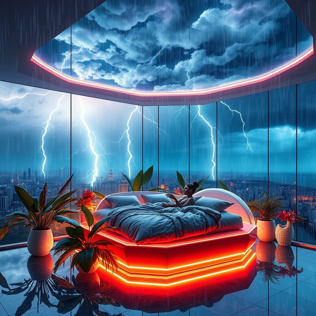 Thunderstorm Inside a Futuristic Glass Apartment