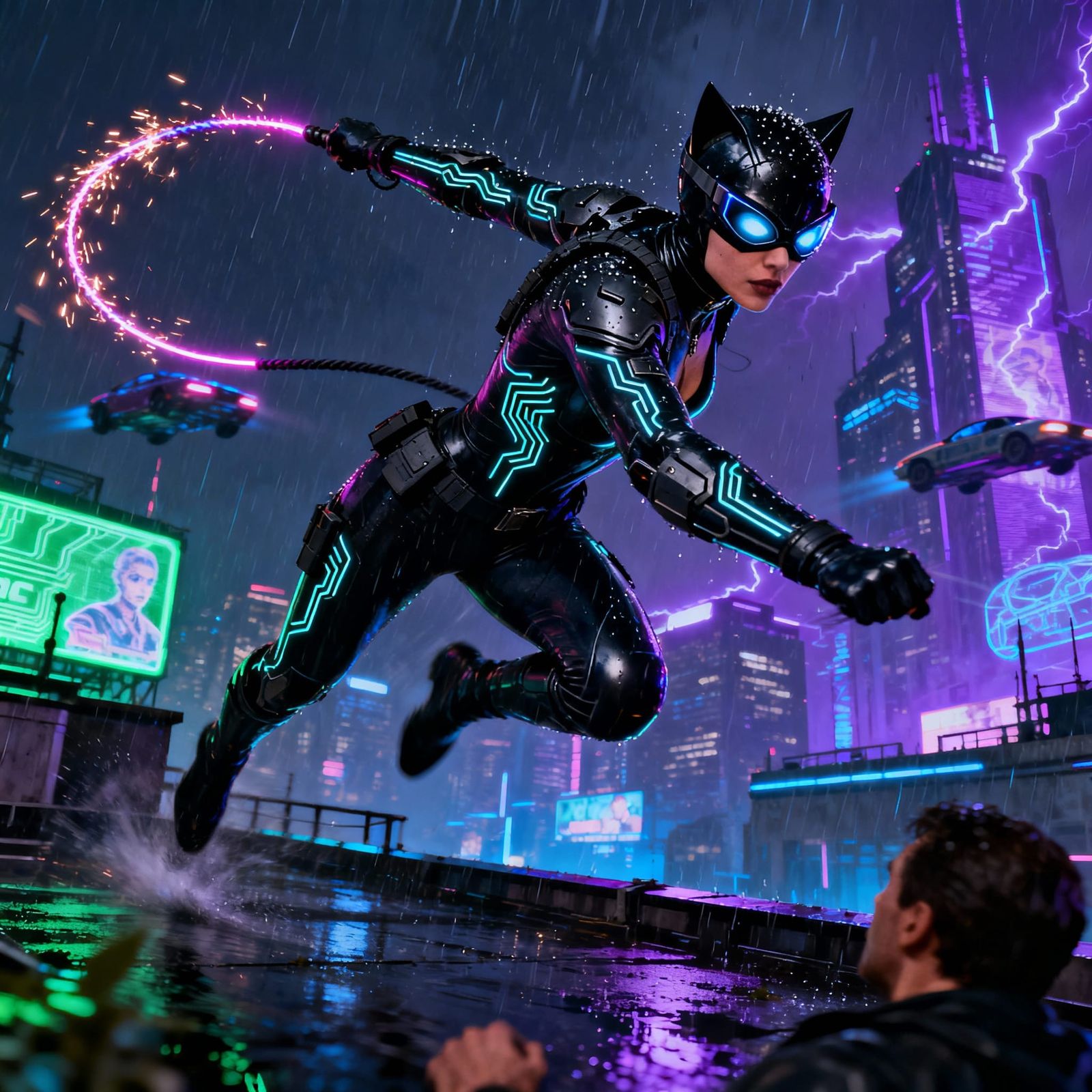 Cyberpunk Catwoman Assassin in Neo-Noir City