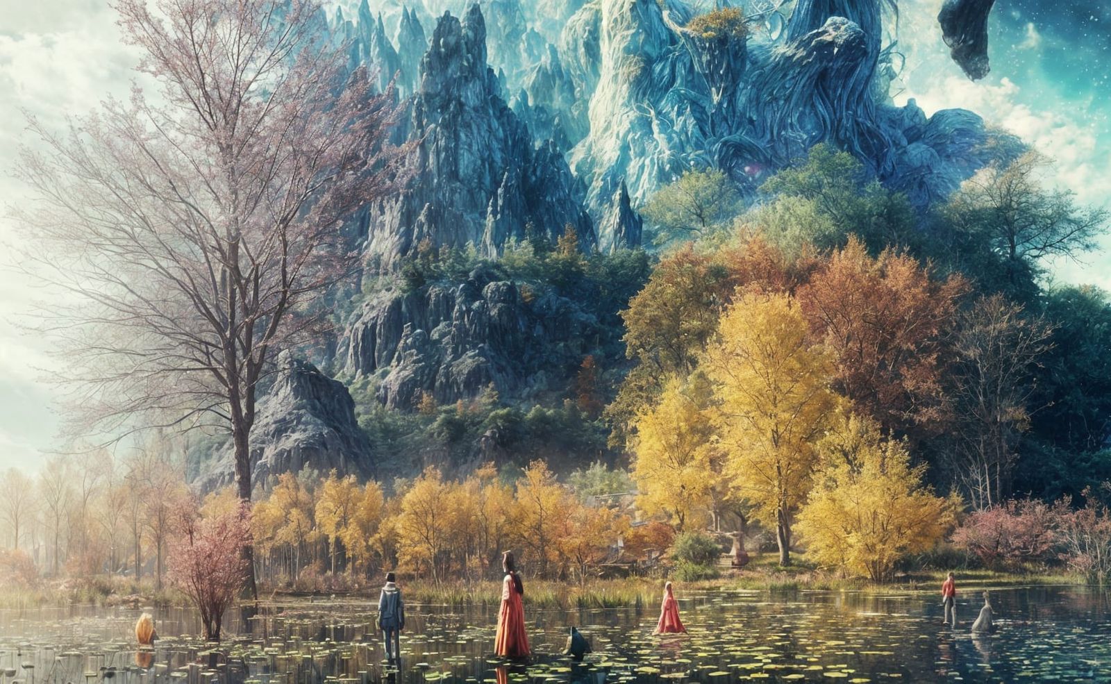 Erupting Pond in Biopunk Summer Landscape