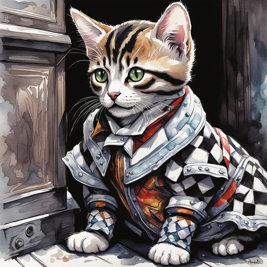 Tabby Kitten as Harlequin in Watercolor Comic Art