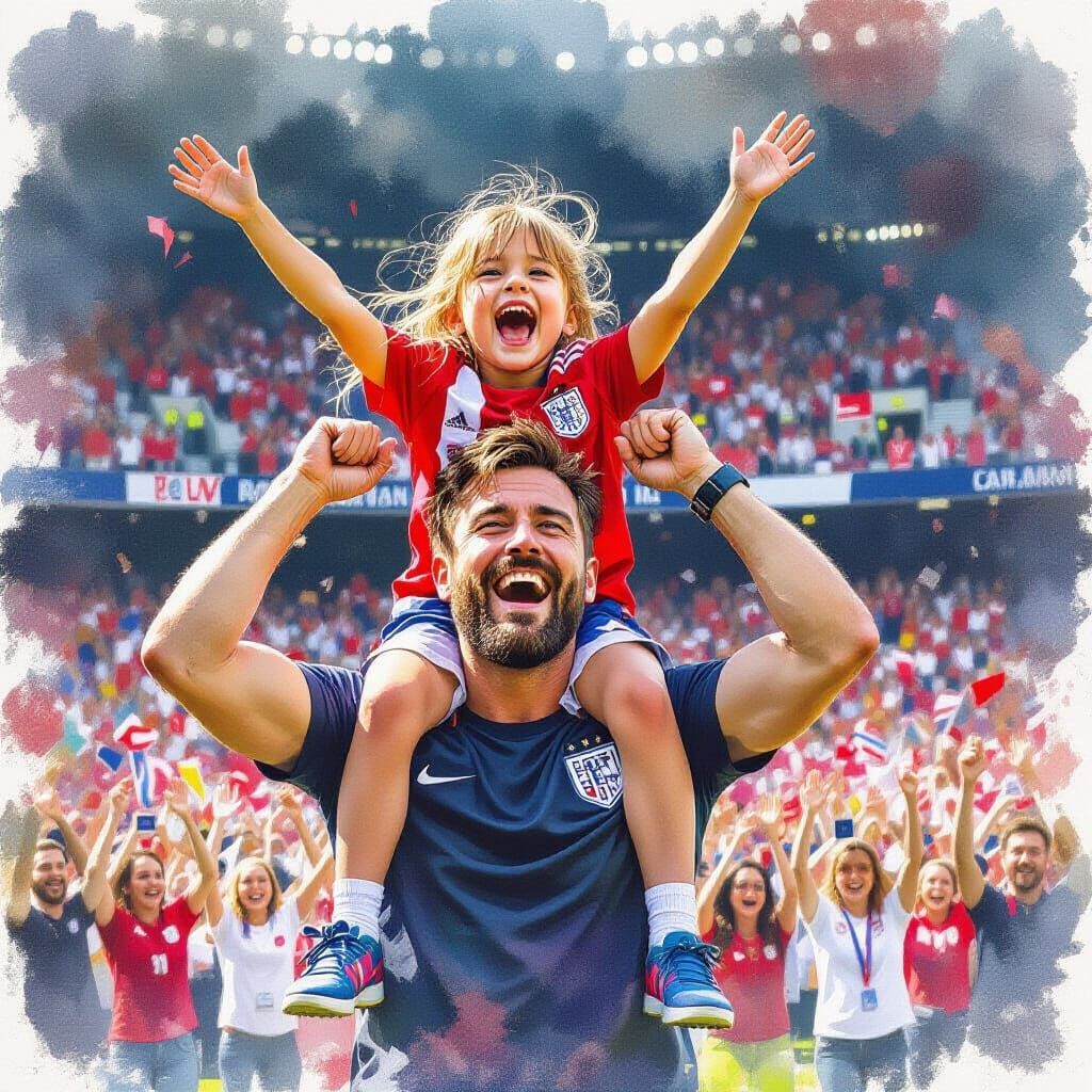 Father and Daughter Celebrate in Gouache Watercolor Style