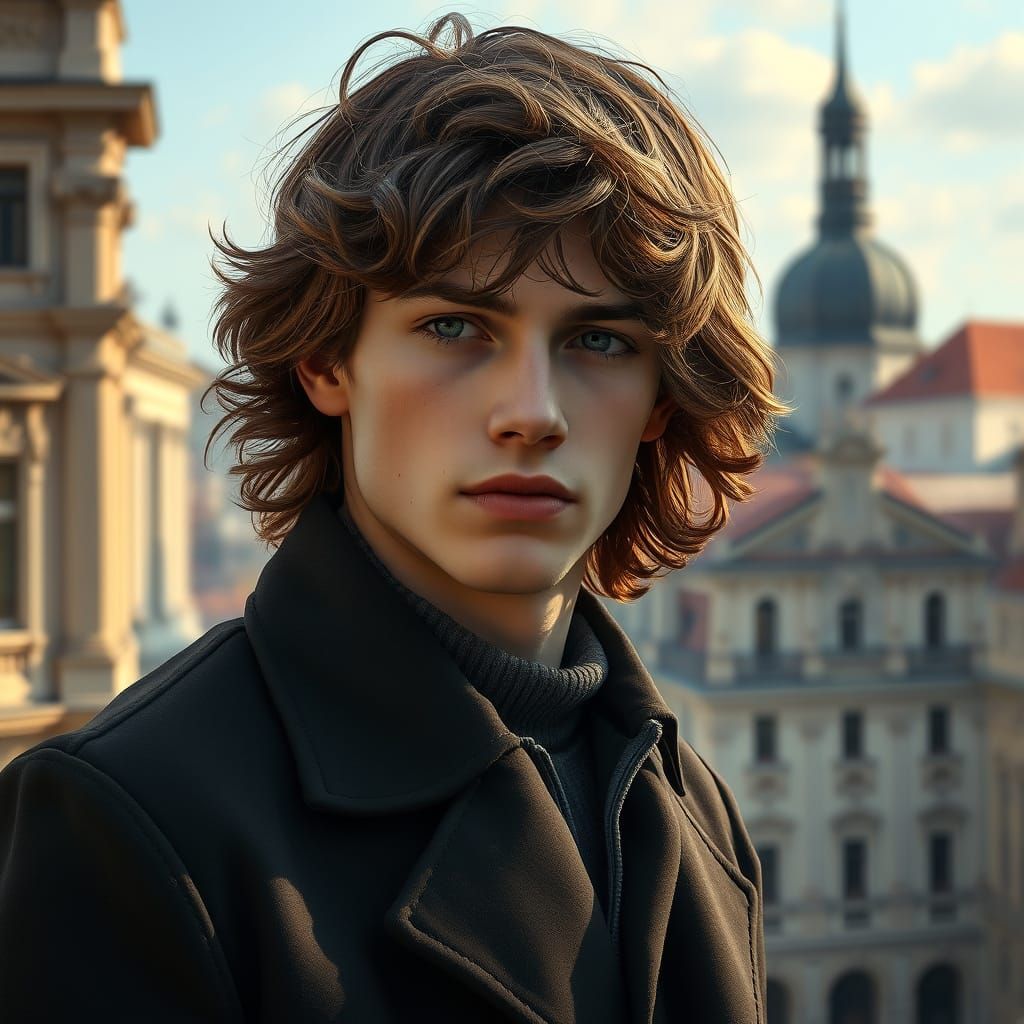 Hyperrealistic Portrait of a Young Man in Historic City