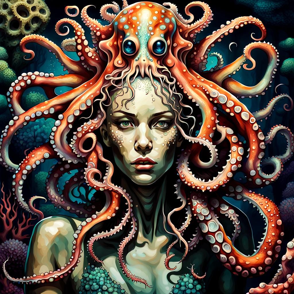 Surreal Octopus Woman in Psychedelic Coral Garden