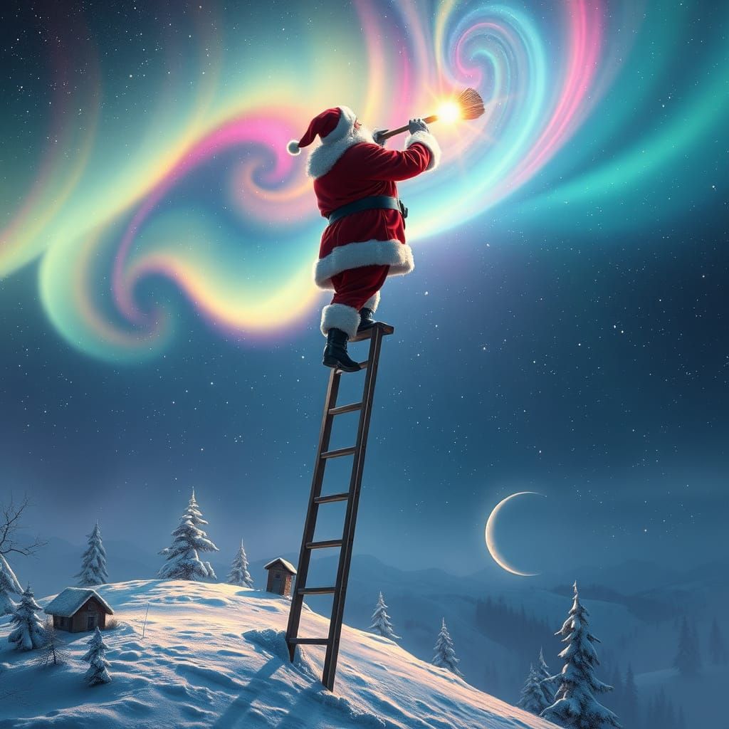 Santa Paints the Aurora Borealis in a Digital Matte Painting
