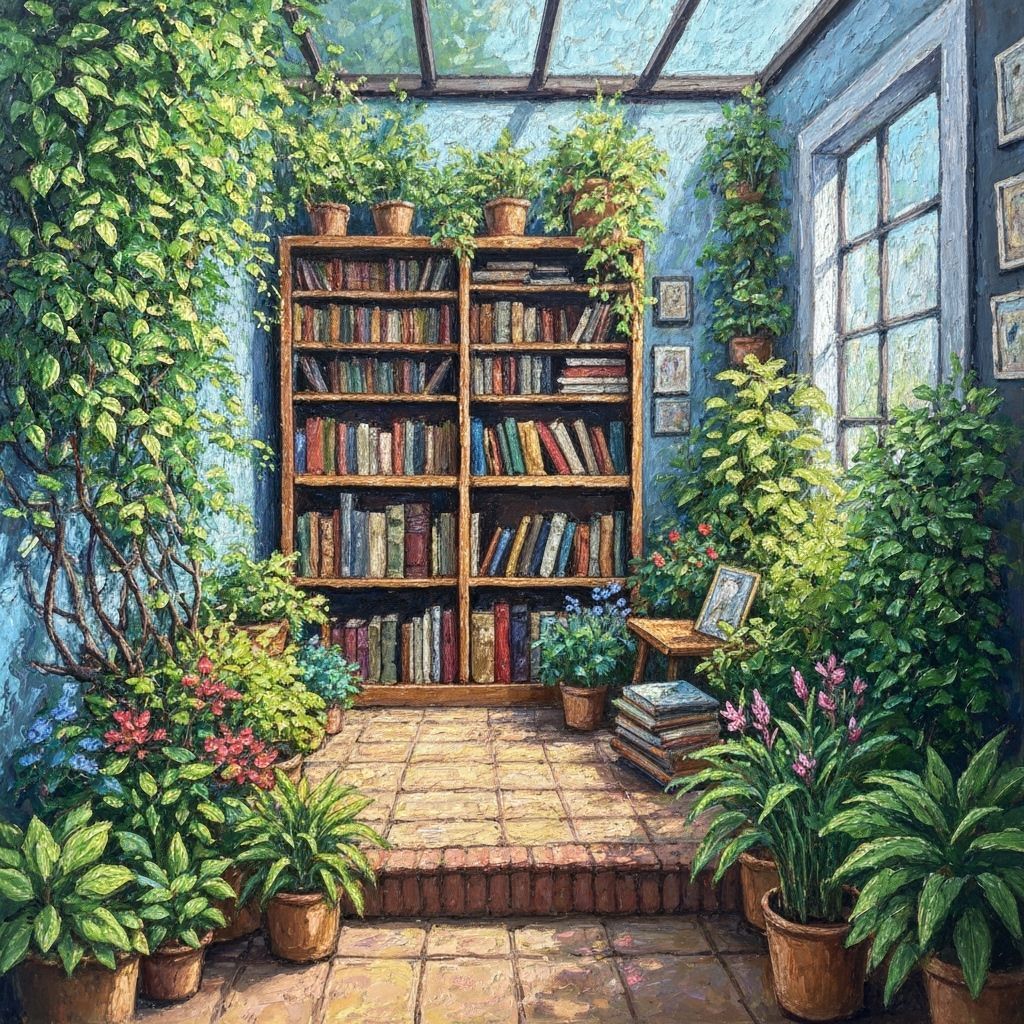 Lush Garden Library Reading Nook in Oil Pastel