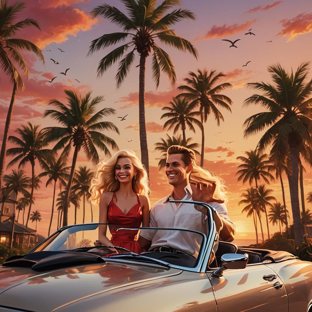 Coastal Sunset Drive with Smiling Couple in Oil Painting Sty...