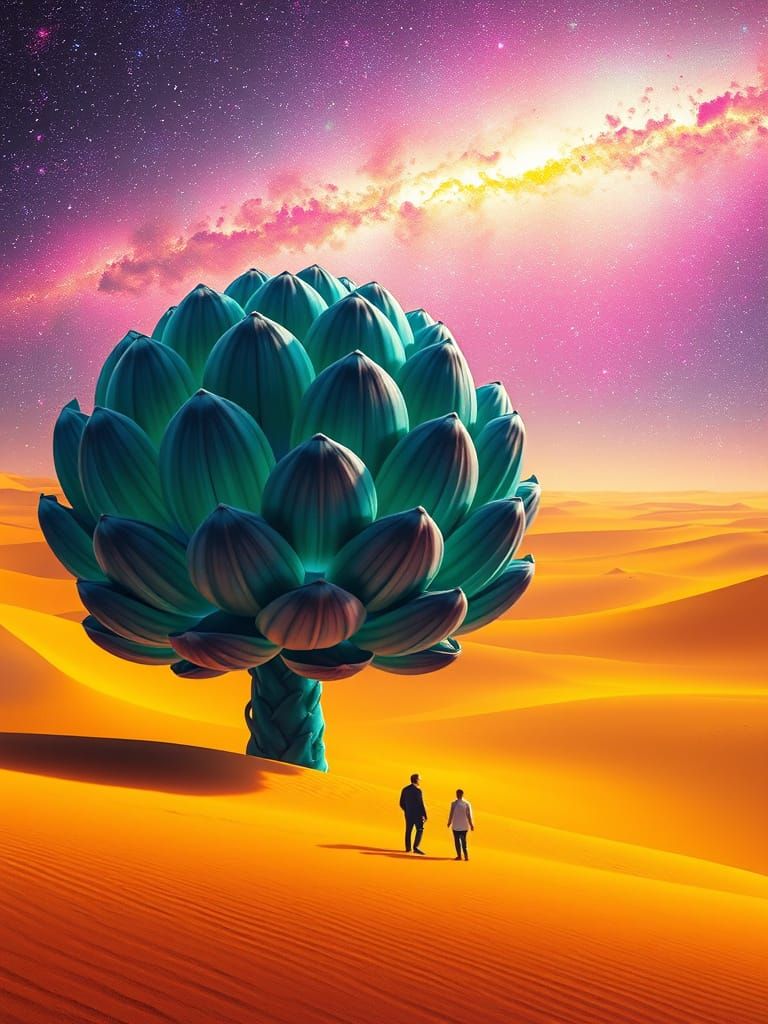 Ethereal Oasis in a Golden Desert Landscape