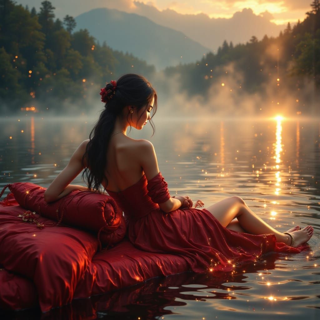 Voluptuous Asian Woman on Red Bed - Cinematic Still