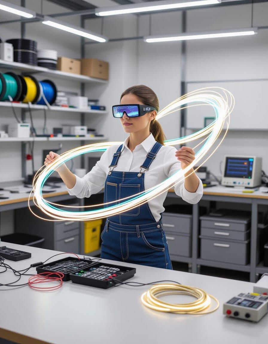 Electrician Weaving Light Cables in Modern Workshop